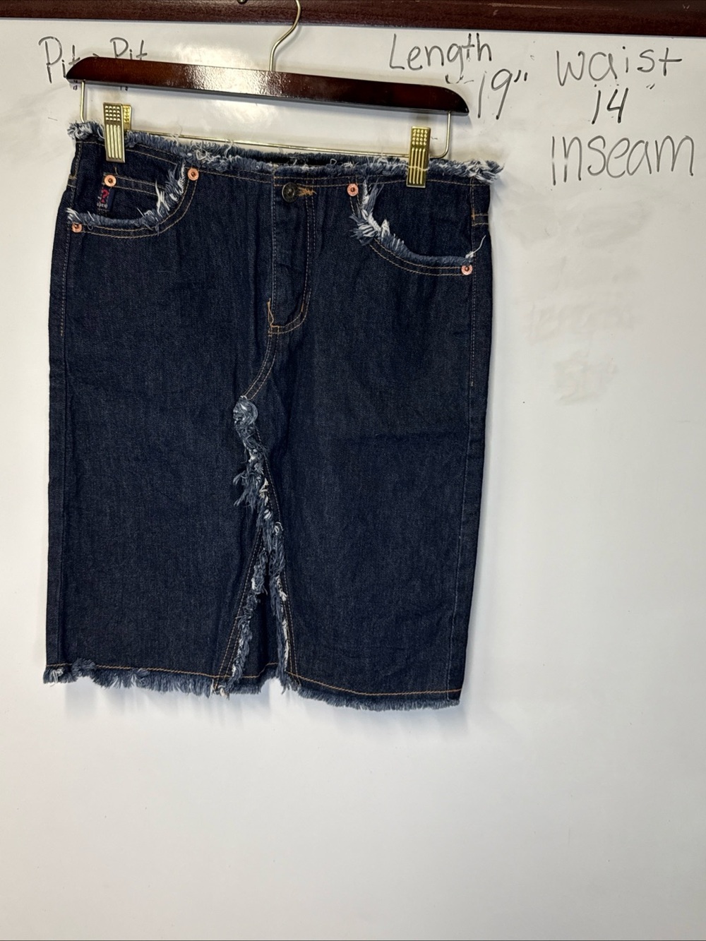 Guess Dark Blue Denim Frayed Skirt size 26 y2k pencil